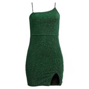 Lulu's Green Shimmer Take Me Anywhere Asymmetric Neck Mini Dress XS